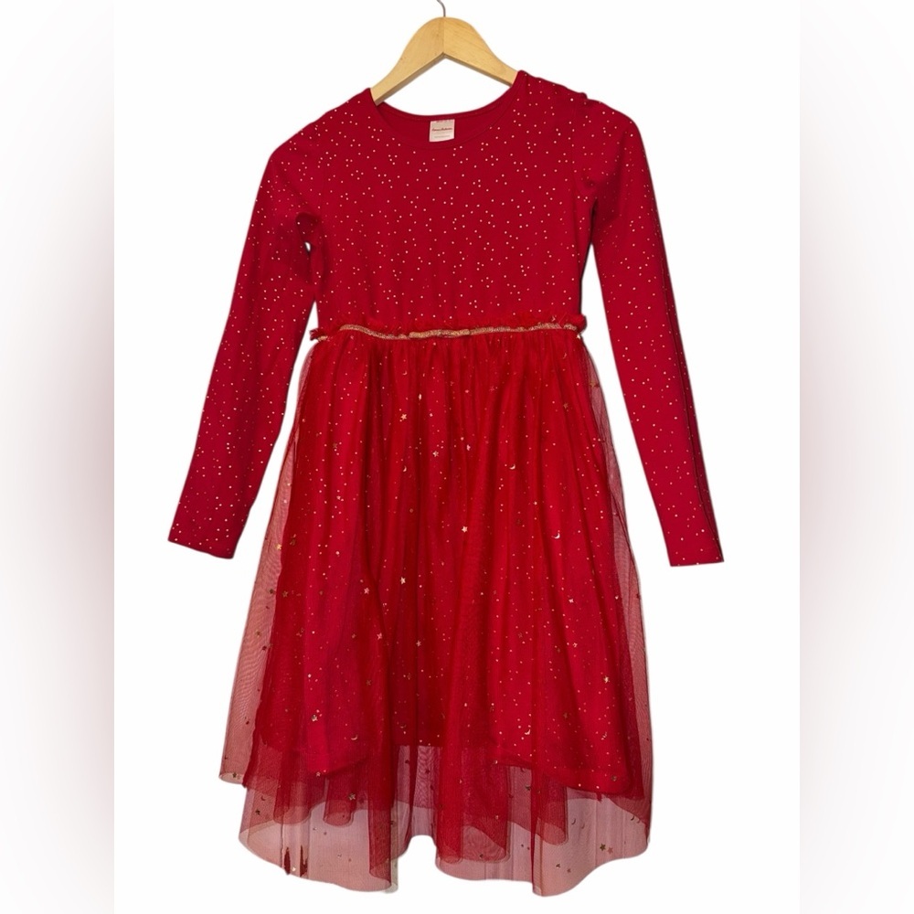 Hanna Andersson red gold star polka dot print tulle skirt dress sz 150 12